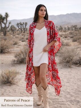 Patrons of Peace Red Floral Kimono Duster Size M Boho Festival Open Front NWT